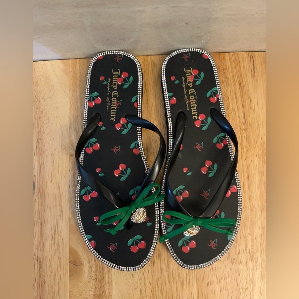 Juicy Couture Black Cherry Print Flip Flop Sandals with Green Bow